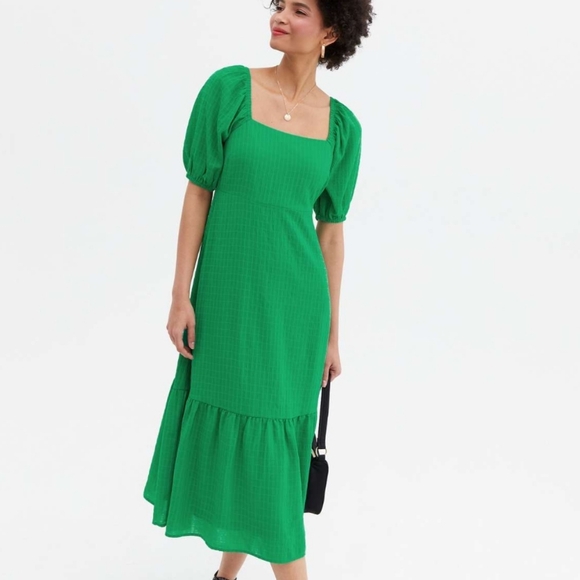 ASOS New Look Green Textured Square Neck Tiered Midi Dress US 6 UK 10 - Picture 3 of 6